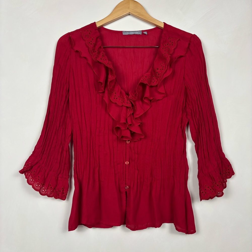 NY Collection Women's Red Ruffle Blouse Pleated Bell Y2K Vamp Goth Witchy M